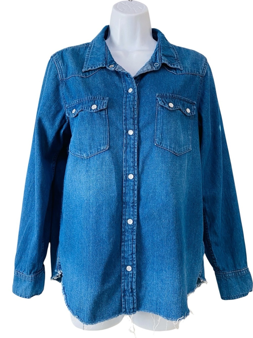 Lucky Brand Western Denim Pearl Snap Frayed Hem Shirt Size M